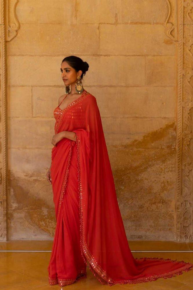 CRIMSON-SPLENDOR:-MIRROR-ADORNED-RED-GEORGETTE-SAREE-