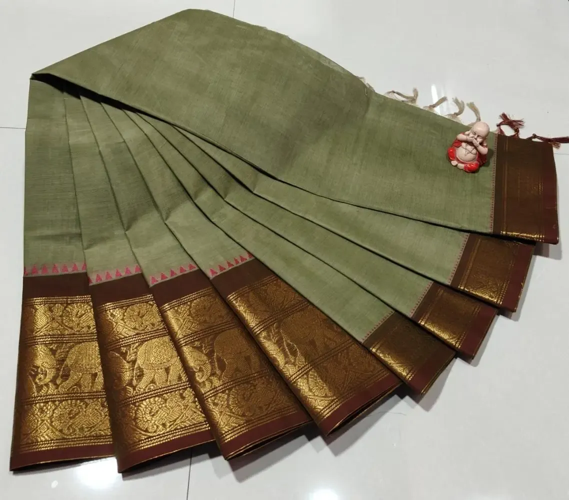 EXQUISITE KANCHI STYLE COTTON SAREES WITH ELEGANT ZARI BORDERS IN PISTA COLOR