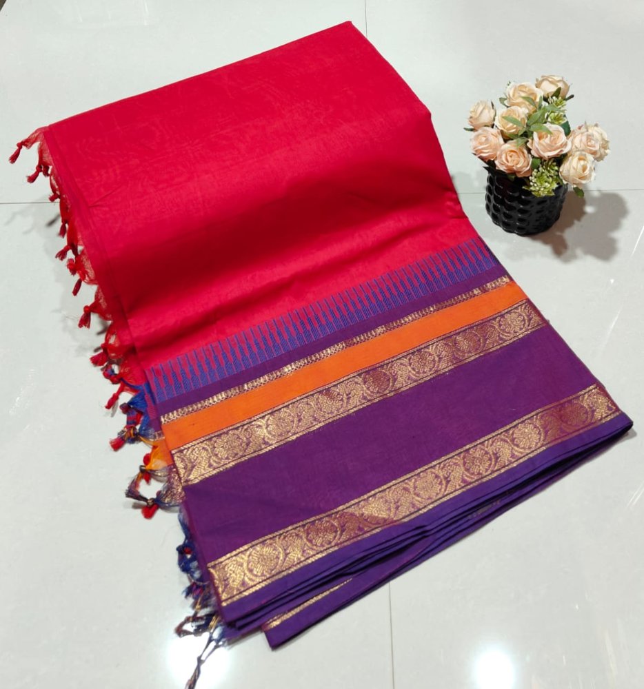 FESTIVE COTTON KANCHI SAREE WITH ONE-SIDED ZARI BORDER IN RED