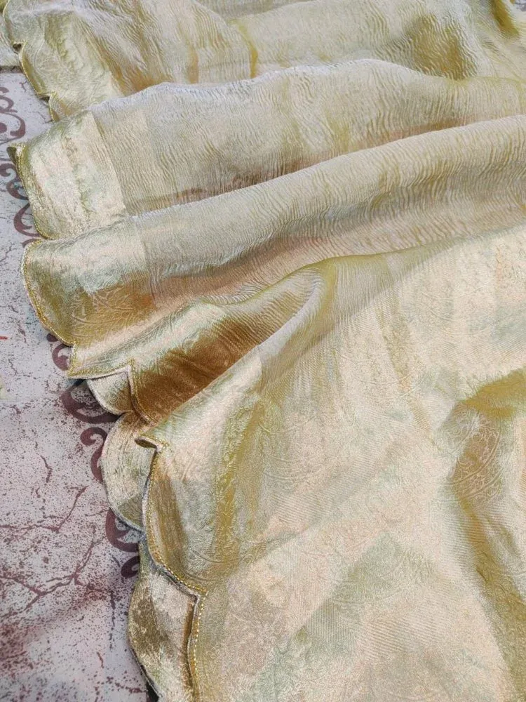 HANDCRAFTED SCALLOP BANARASI SAREE IN PURE TISSUE SILK IN CREAM COLOR